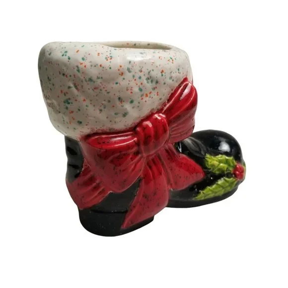 Ceramic Santa Claus Boot Black Christmas Vintage Holly Vase Planter Holiday Bow - Picture 7 of 14